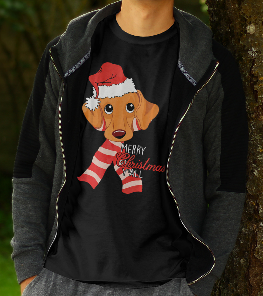 Merry Christmas Y'all Dachshund Dog Wearing Santa Hat And Striped Scarf T-Shirt