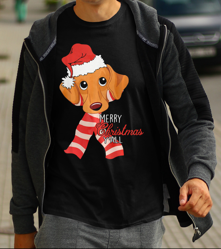 Merry Christmas Y'all Dachshund Dog Wearing Santa Hat And Striped Scarf T-Shirt