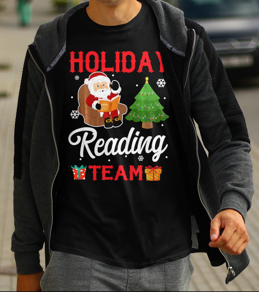 HOLIDAY READING TEAM Santa Claus Christmas Tree Gifts Snowflakes T-Shirt