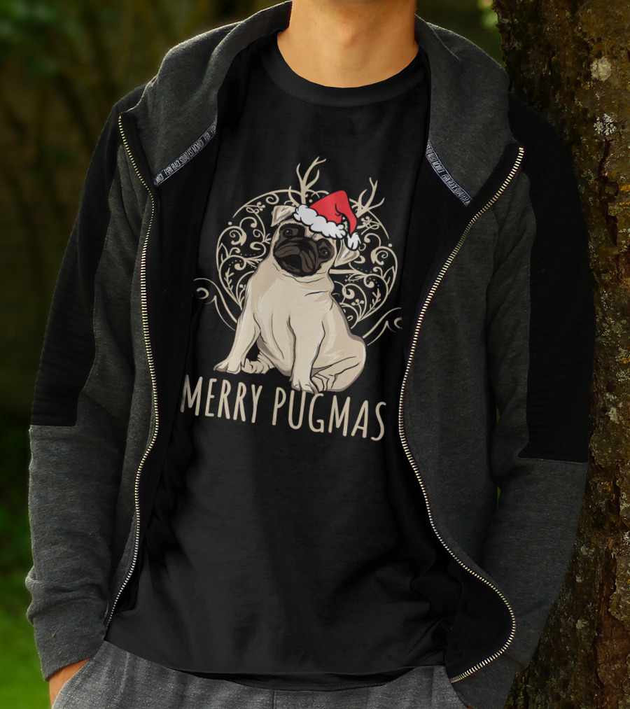 Merry Pugmas Funny Pug With Santa Hat And Antlers T-Shirt
