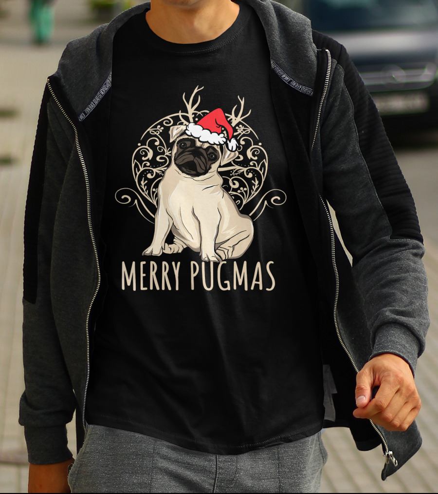 Merry Pugmas Funny Pug With Santa Hat And Antlers T-Shirt
