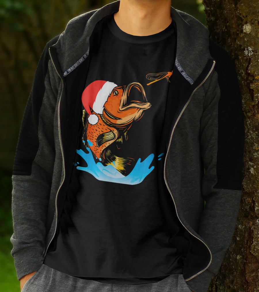 Bass Fishing Santa Hat Splashing Christmas Fish T-Shirt