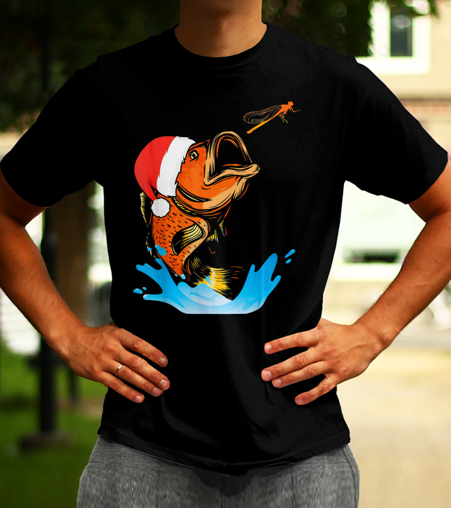 Bass Fishing Santa Hat Splashing Christmas Fish T-Shirt