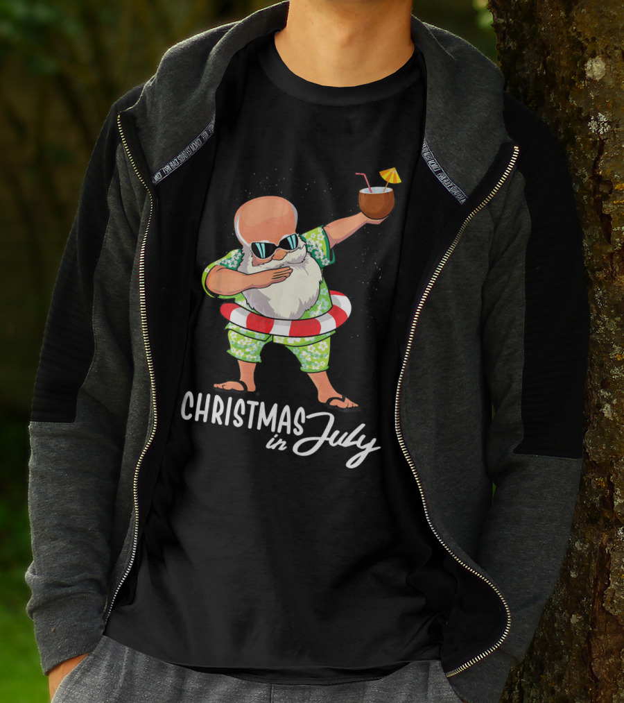 Dabbing Santa Christmas In July Coconut Drink Sunglasses Summer Fun T-Shirt