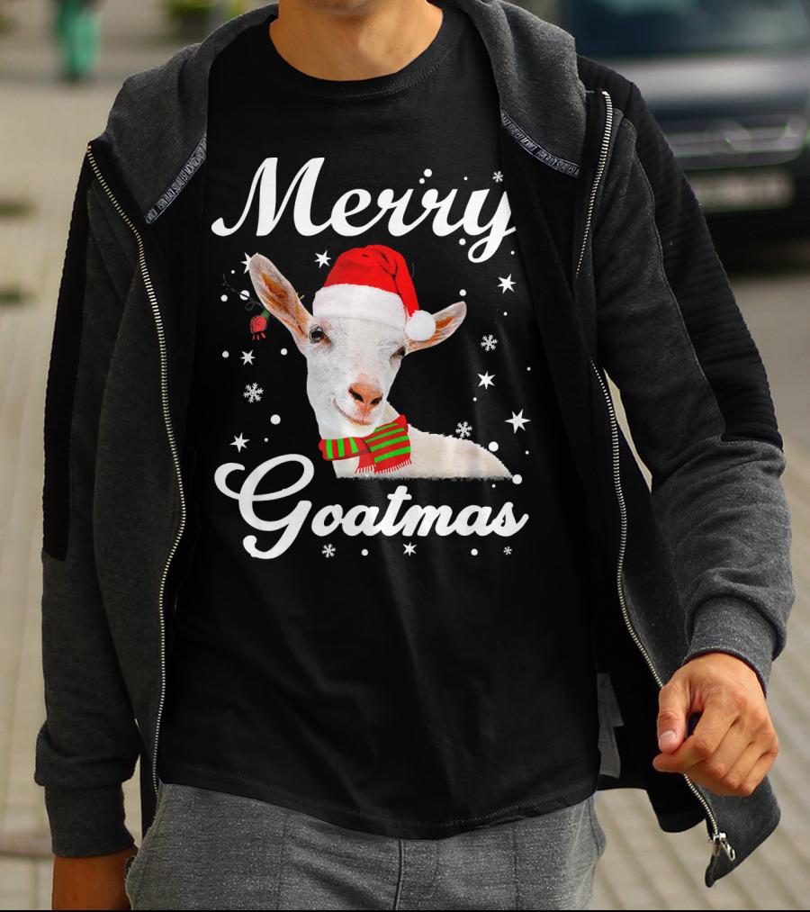 Merry Goatmas Santa Hat Snowflakes Festive Goat T-Shirt