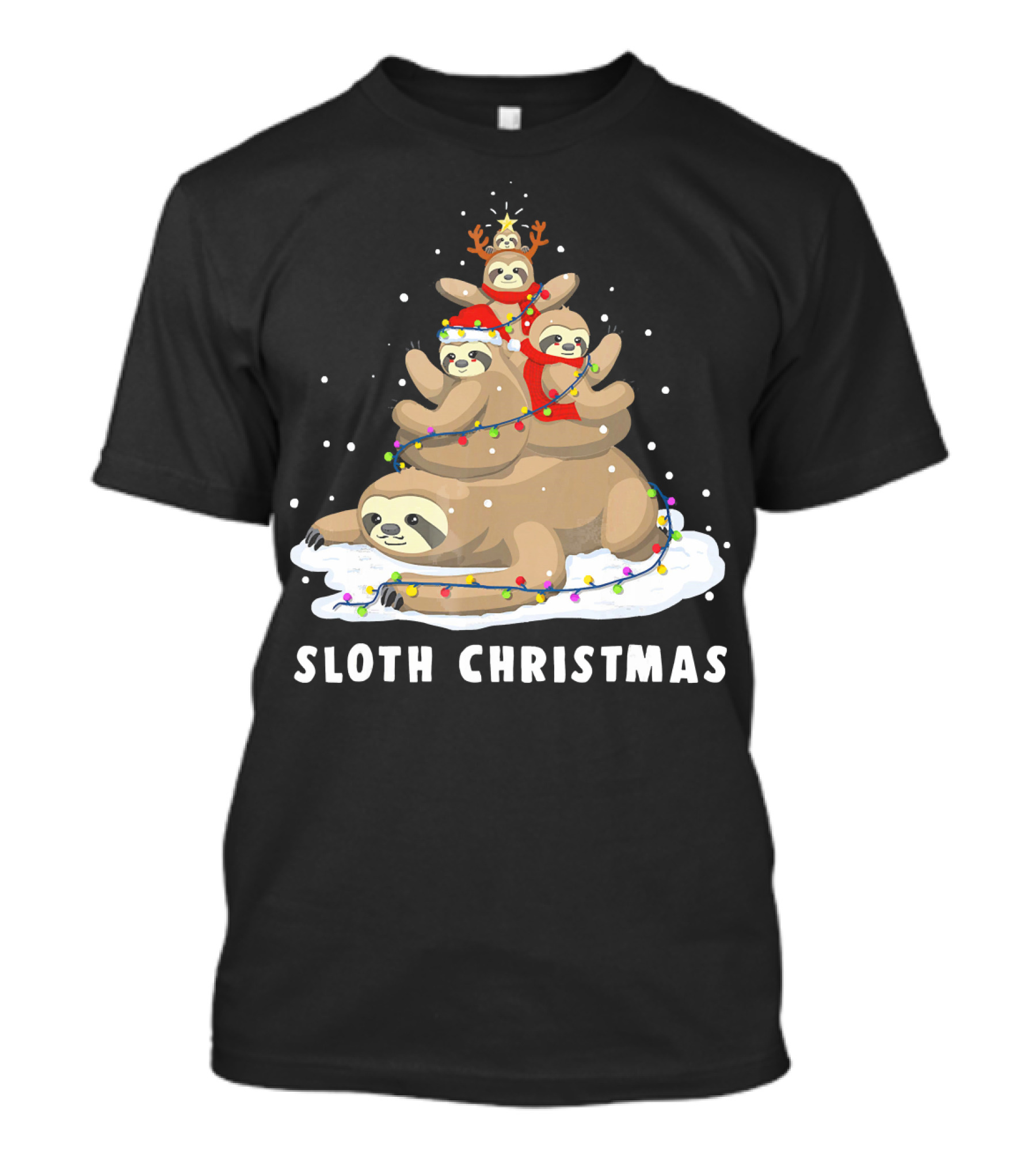 Sloth Christmas Tree With Reindeer And Santa Hats T-Shirt