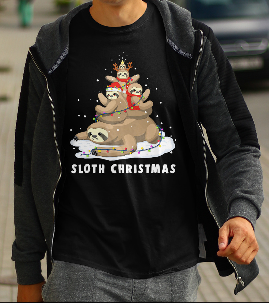 Sloth Christmas Tree With Reindeer And Santa Hats T-Shirt