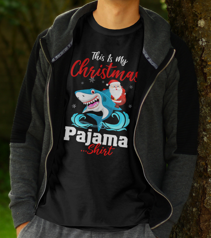 This Is My Christmas Pajama Shirt Santa Riding Shark T-Shirt