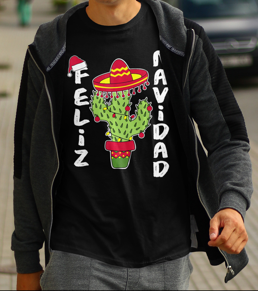 Feliz Navidad Cactus With Santa Hat And Sombrero Holiday Spirit T-Shirt