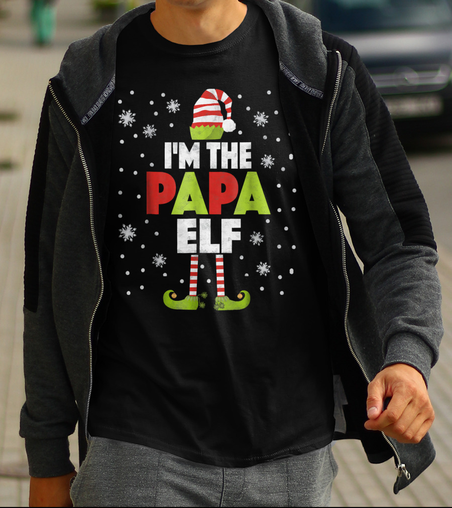 I'm The Papa Elf Christmas Snowflakes Stripe Hat And Boots T-Shirt