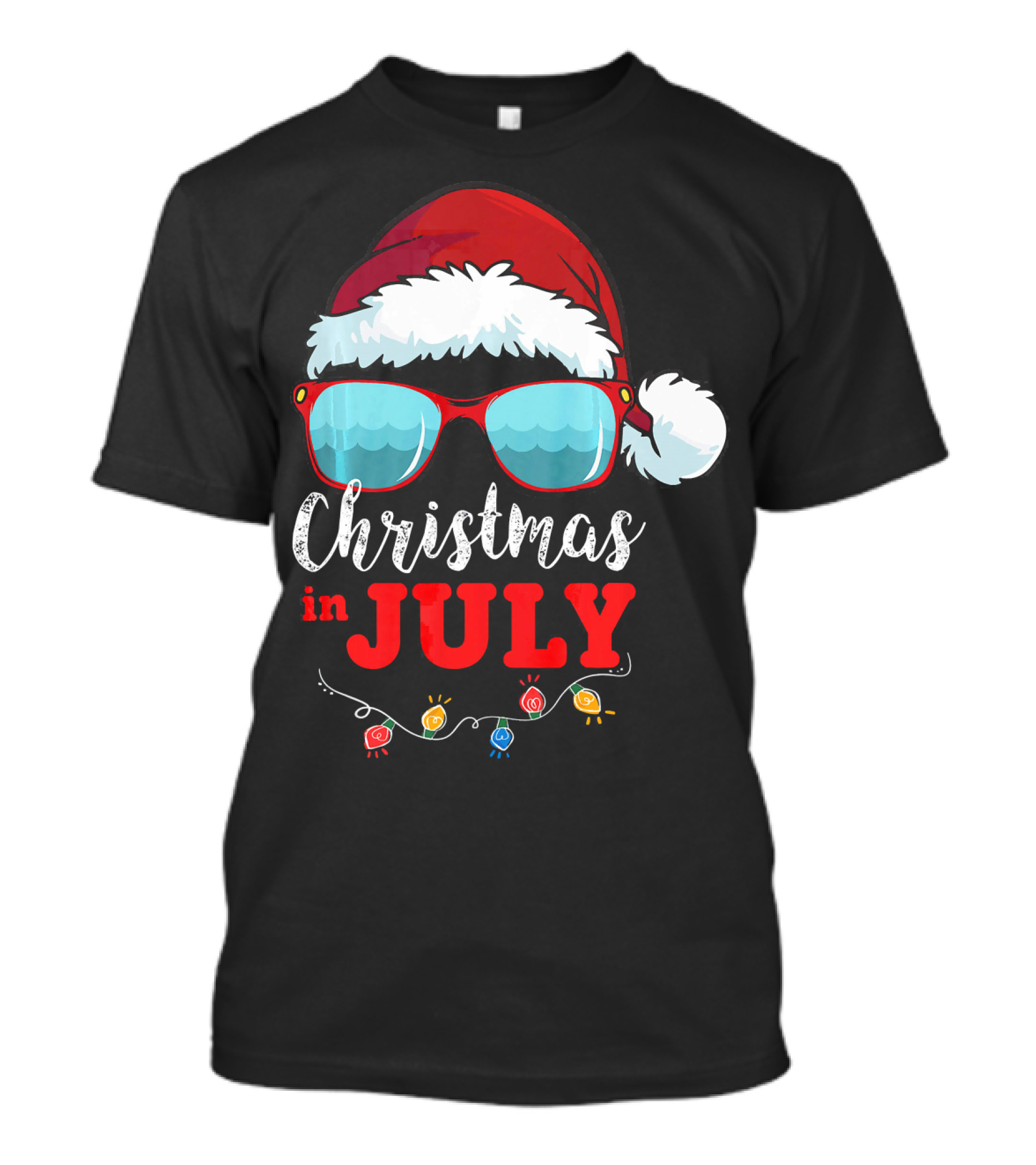 Santa Hat Sunglasses Christmas In July Holiday Lights T-Shirt