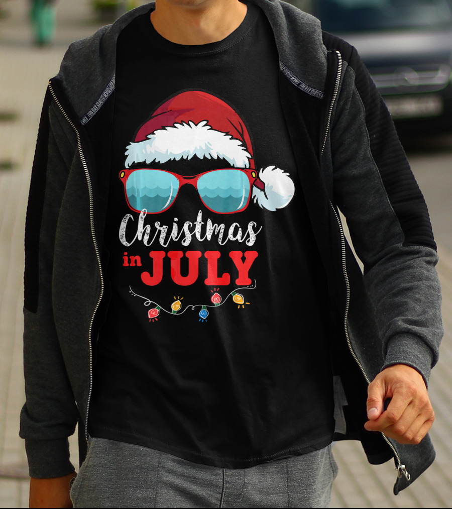 Santa Hat Sunglasses Christmas In July Holiday Lights T-Shirt