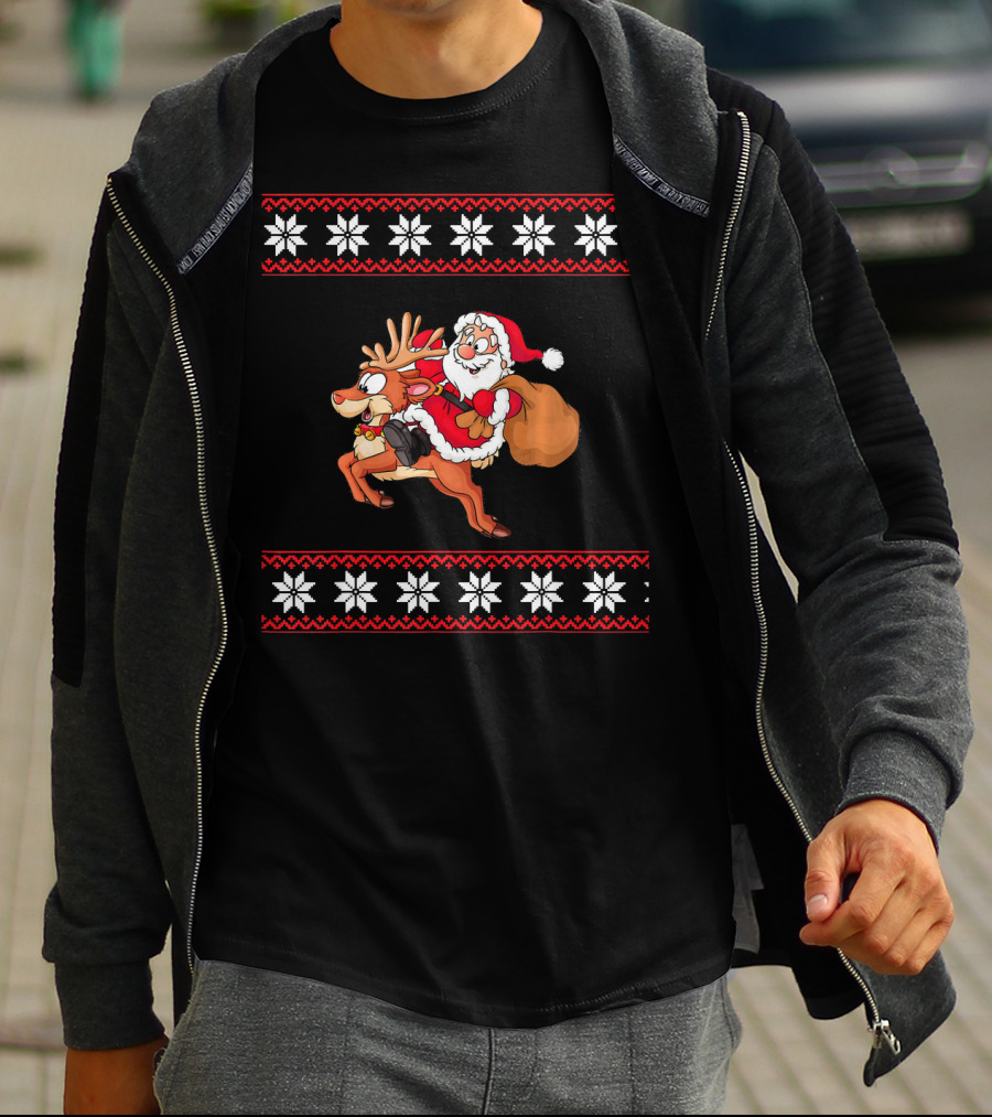 Christmas Santa Claus Riding Rudolph Reindeer Snowflake T-Shirt