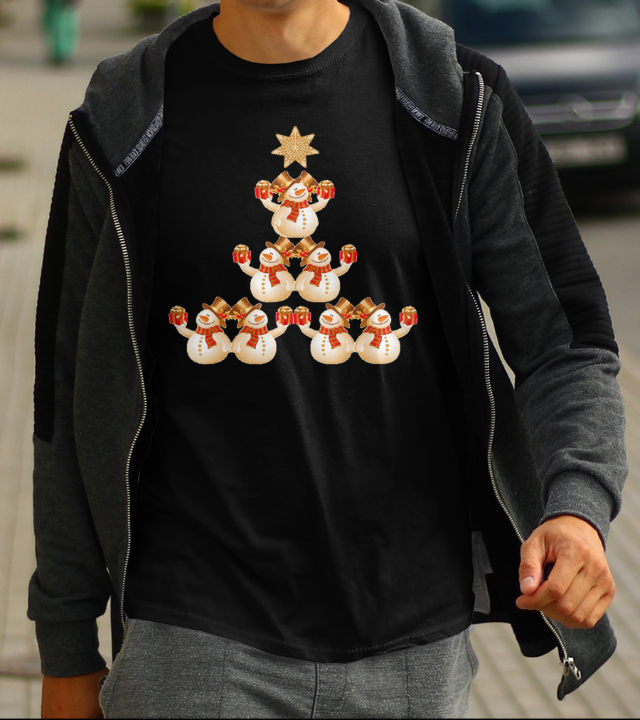 Snowman Pyramid Christmas Tree With Star And Red Gift Boxes T-Shirt