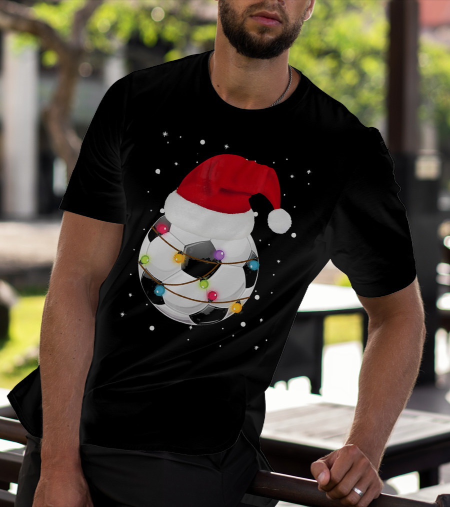 Santa Hat Soccer Ball Wrapped In Christmas Lights With Falling Snow T-Shirt