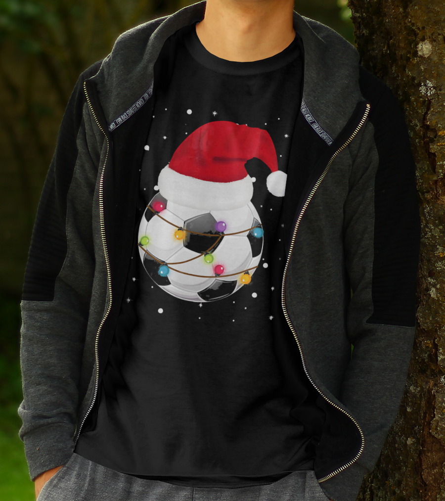 Santa Hat Soccer Ball Wrapped In Christmas Lights With Falling Snow T-Shirt
