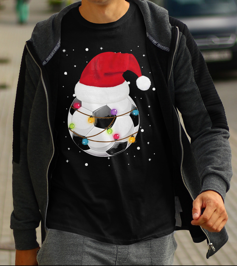 Santa Hat Soccer Ball Wrapped In Christmas Lights With Falling Snow T-Shirt