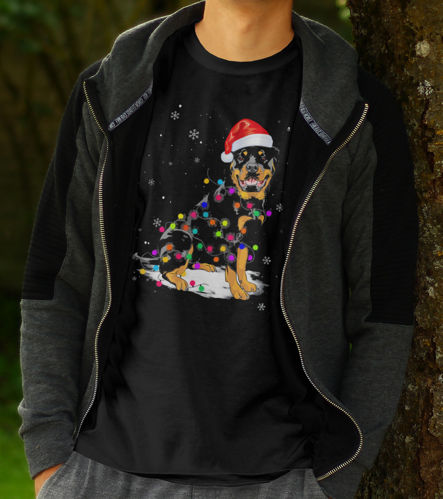 Rottweiler With Santa Hat And Colorful Christmas Lights In Snowy Scene T-Shirt