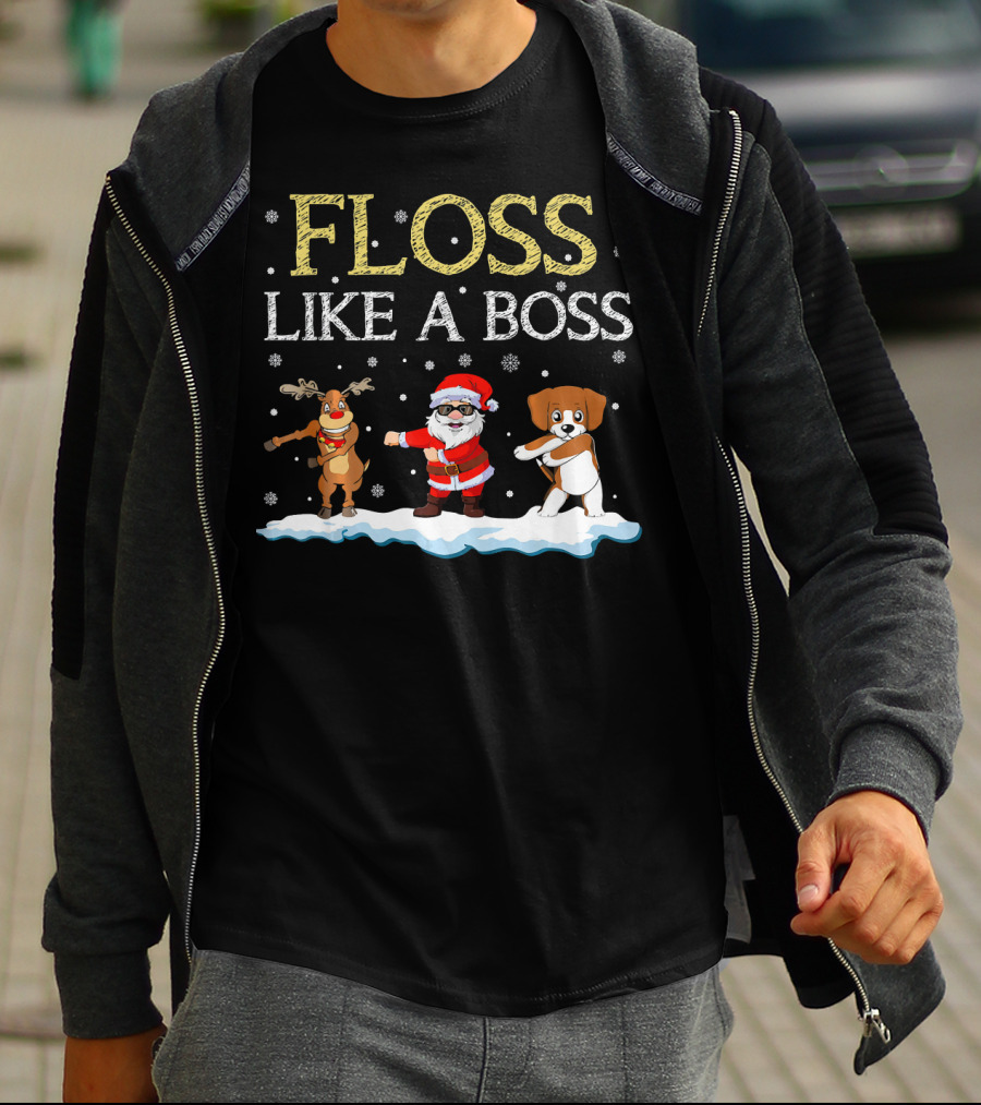 Floss Like A Boss Dancing Santa Beagle Reindeer Christmas T-Shirt