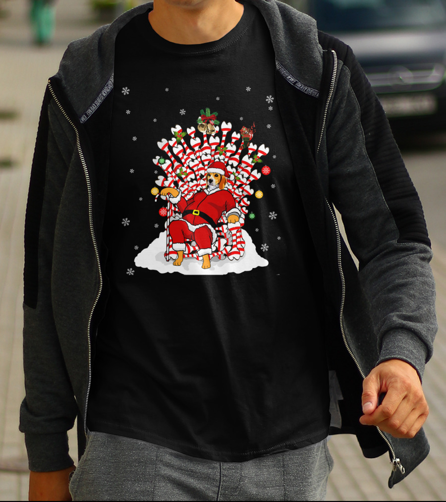 Beagle Dog In Santa Suit On Candy Cane And Bone Throne With Snowflakes T-Shirt