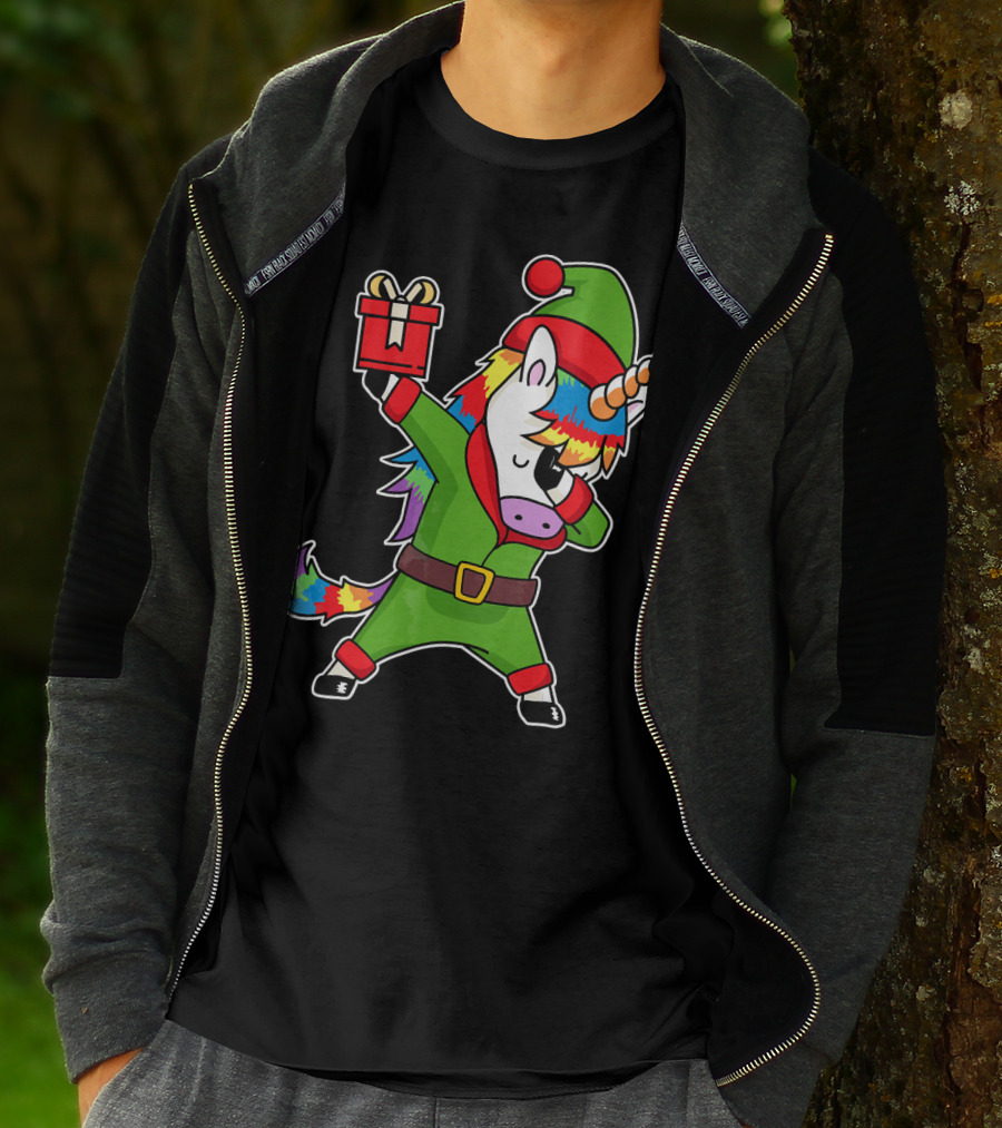 Christmas Dabbing Unicorn Elf With Rainbow Mane And Gift Box T-Shirt