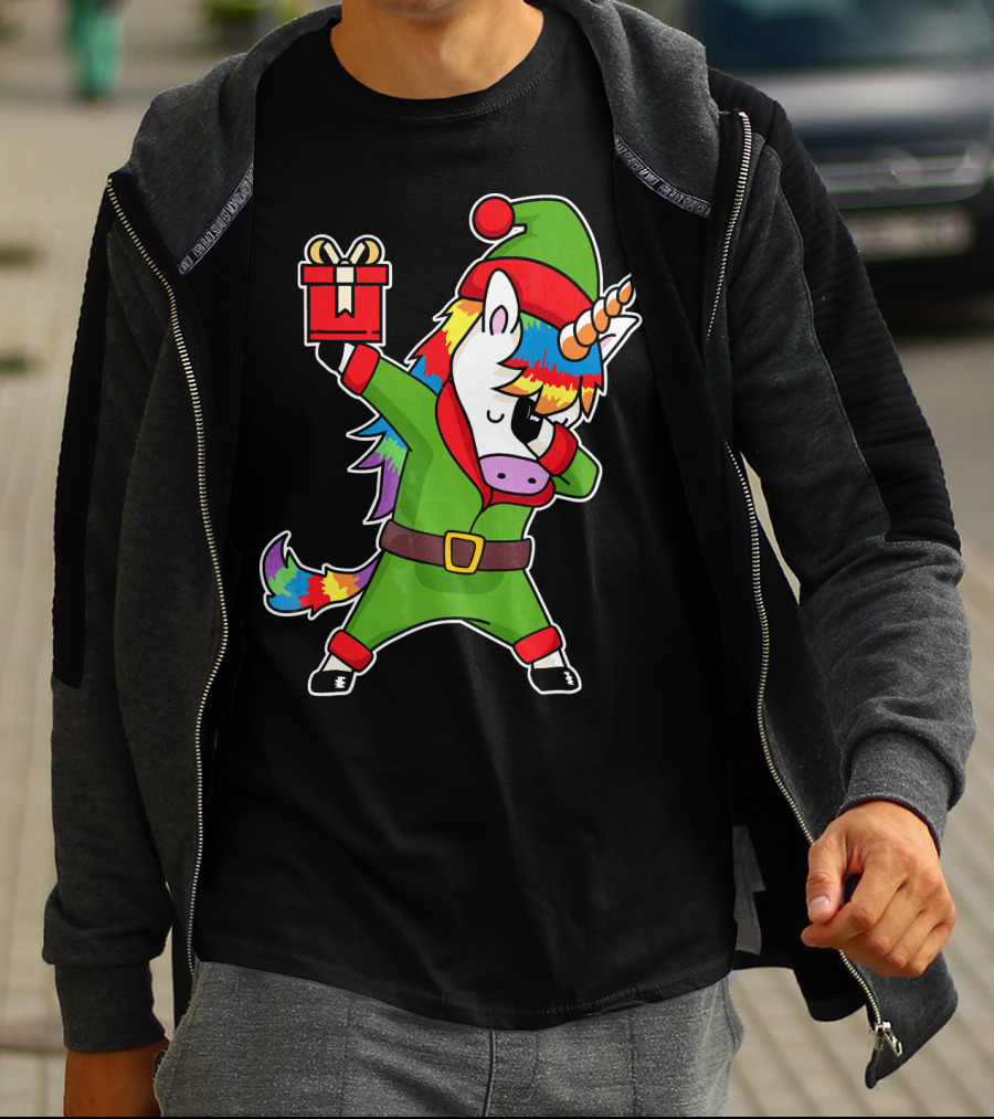 Christmas Dabbing Unicorn Elf With Rainbow Mane And Gift Box T-Shirt