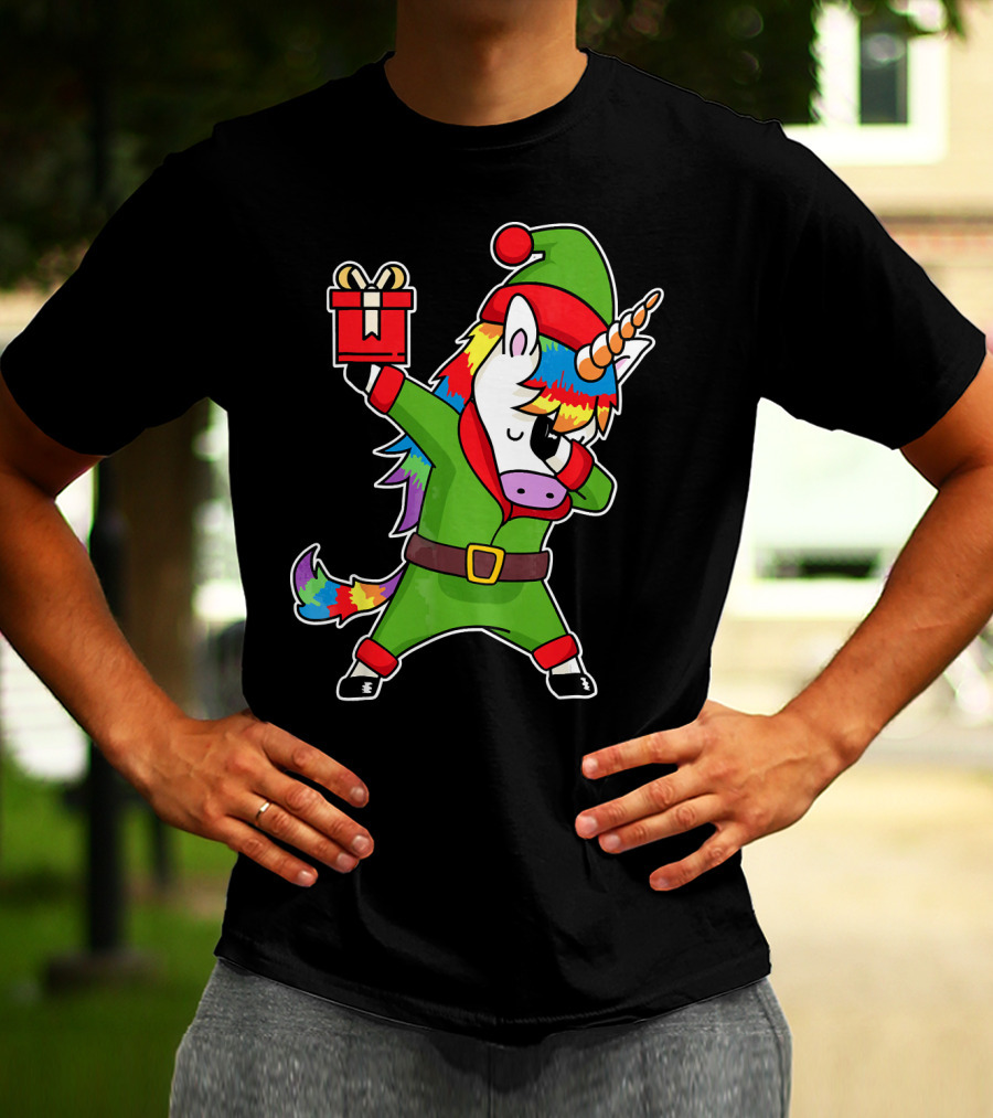 Christmas Dabbing Unicorn Elf With Rainbow Mane And Gift Box T-Shirt