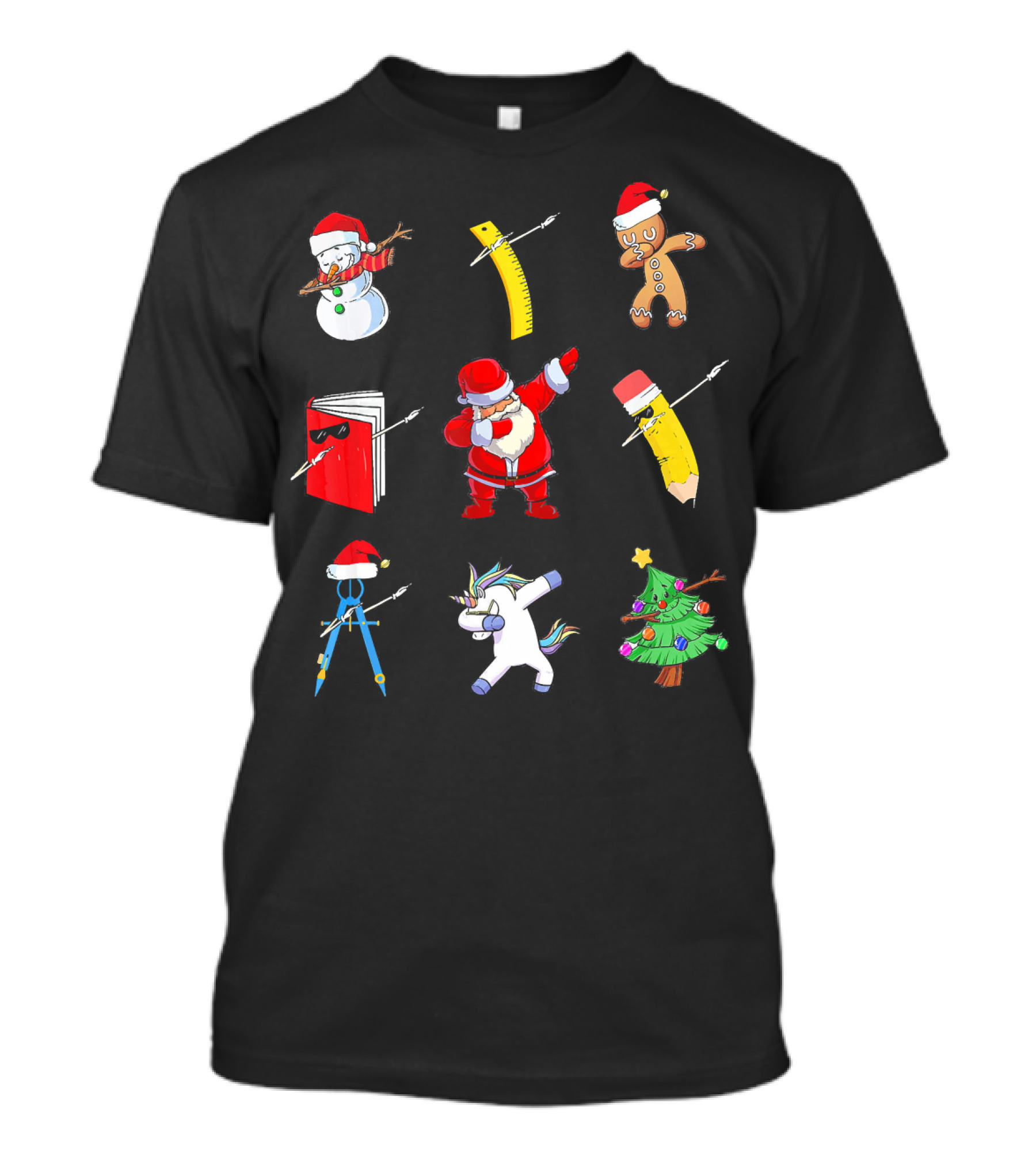 Funny Teacher Christmas Santa Dabbing Snowman Ruler Gingerbread Pencil Book Unicorn Tree T-Shirt
