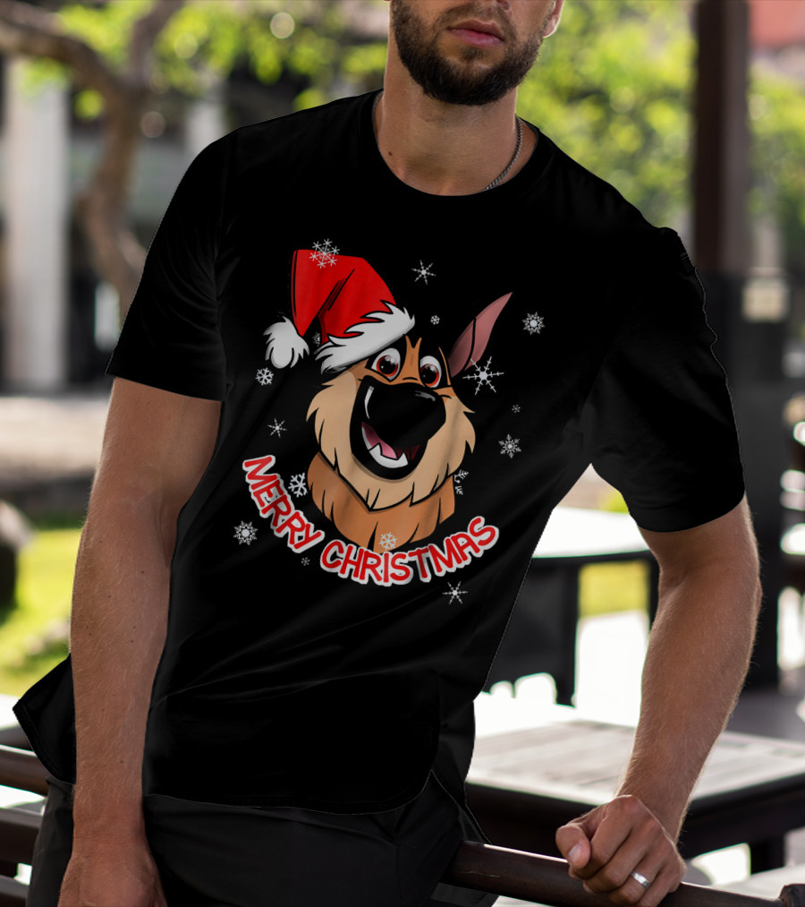 Merry Christmas GSD Smiling Santa Hat Snowflakes T-Shirt