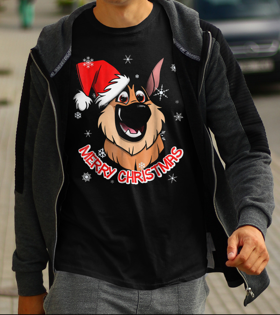 Merry Christmas GSD Smiling Santa Hat Snowflakes T-Shirt