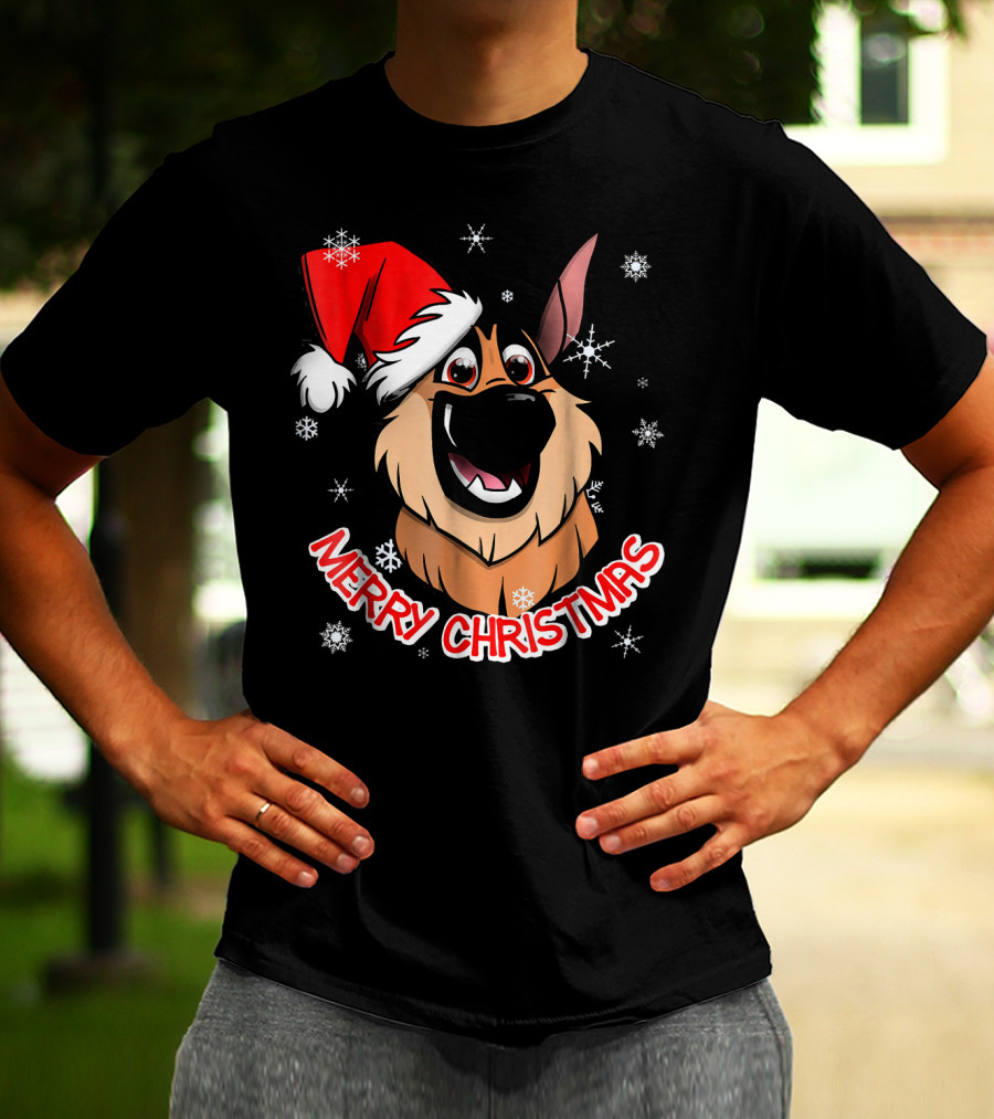 Merry Christmas GSD Smiling Santa Hat Snowflakes T-Shirt