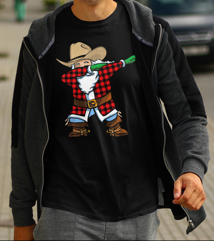 Santa Cowboy Christmas Dabbing Plaid T-Shirt
