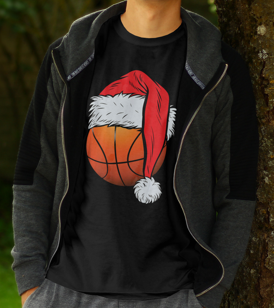 Christmas Santa Hat On Basketball Ball T-Shirt