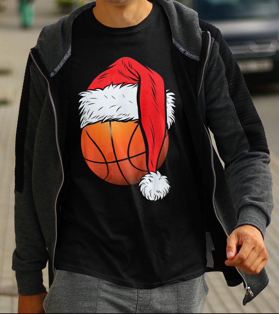 Christmas Santa Hat On Basketball Ball T-Shirt