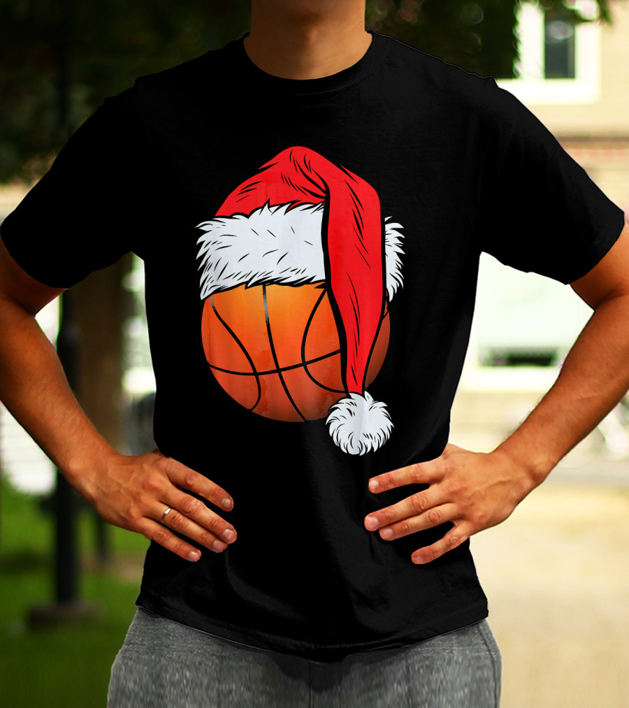 Christmas Santa Hat On Basketball Ball T-Shirt
