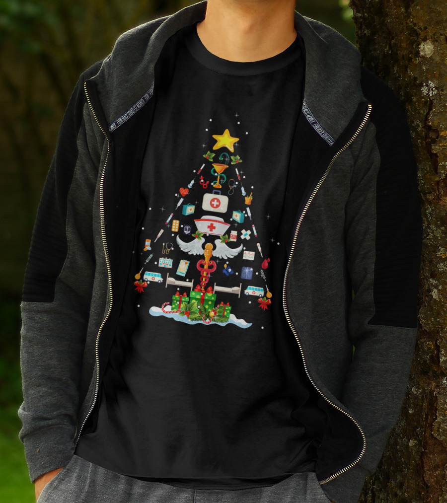 Funny Nurse Medical Christmas Tree With Syringes And Bandages T-Shirt