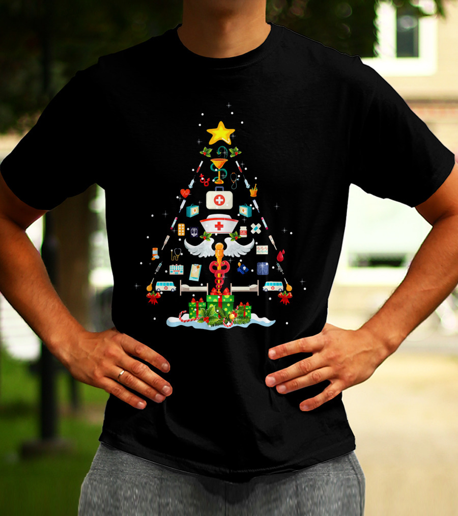 Funny Nurse Medical Christmas Tree With Syringes And Bandages T-Shirt