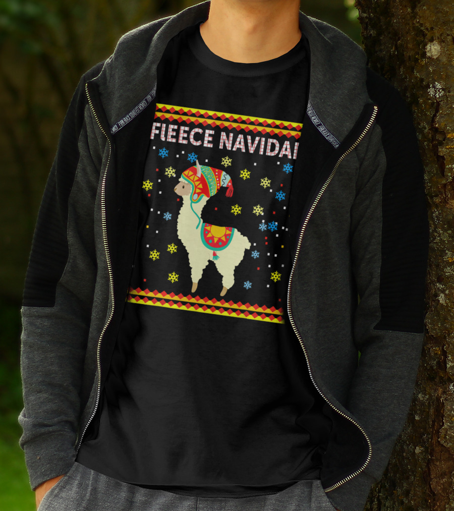 Fleece Navidad Cute Funny Llama With Colorful Winter Hat And Snowflakes T-Shirt