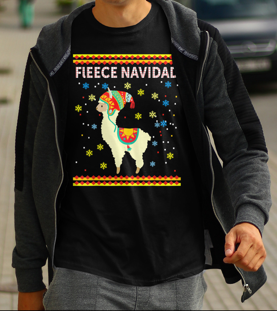 Fleece Navidad Cute Funny Llama With Colorful Winter Hat And Snowflakes T-Shirt