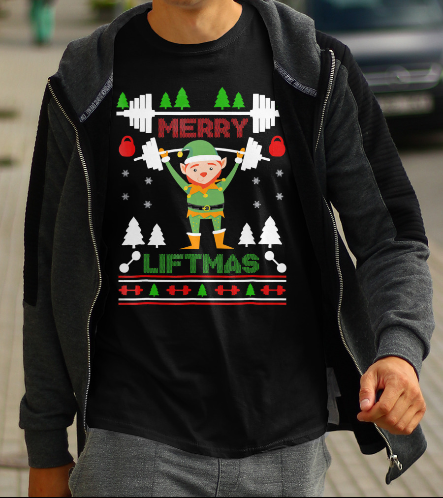 Merry Liftmas Elf Weightlifting Christmas Ugly T-Shirt