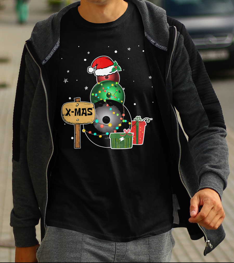Bowling Snowman Xmas Presents With Santa Hat And Lights T-Shirt