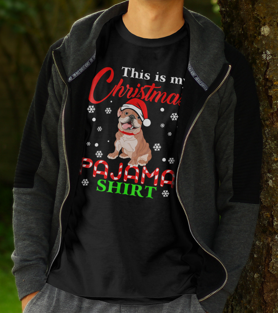 This Is My Christmas Pajama Shirt Dog Santa Hat Snowflakes T-Shirt