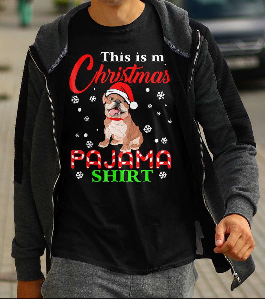 This Is My Christmas Pajama Shirt Dog Santa Hat Snowflakes T-Shirt