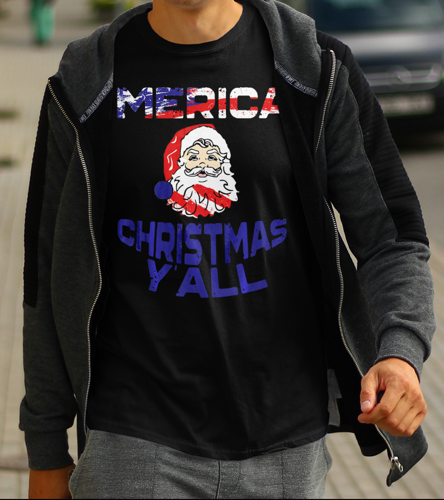 Merica Christmas Yall Santa Patriotic American Flag Colors T-Shirt