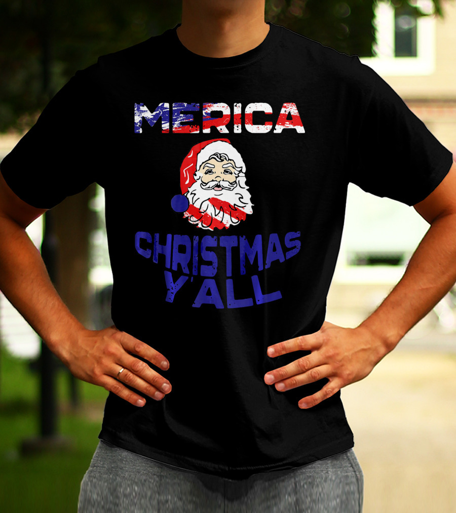 Merica Christmas Yall Santa Patriotic American Flag Colors T-Shirt