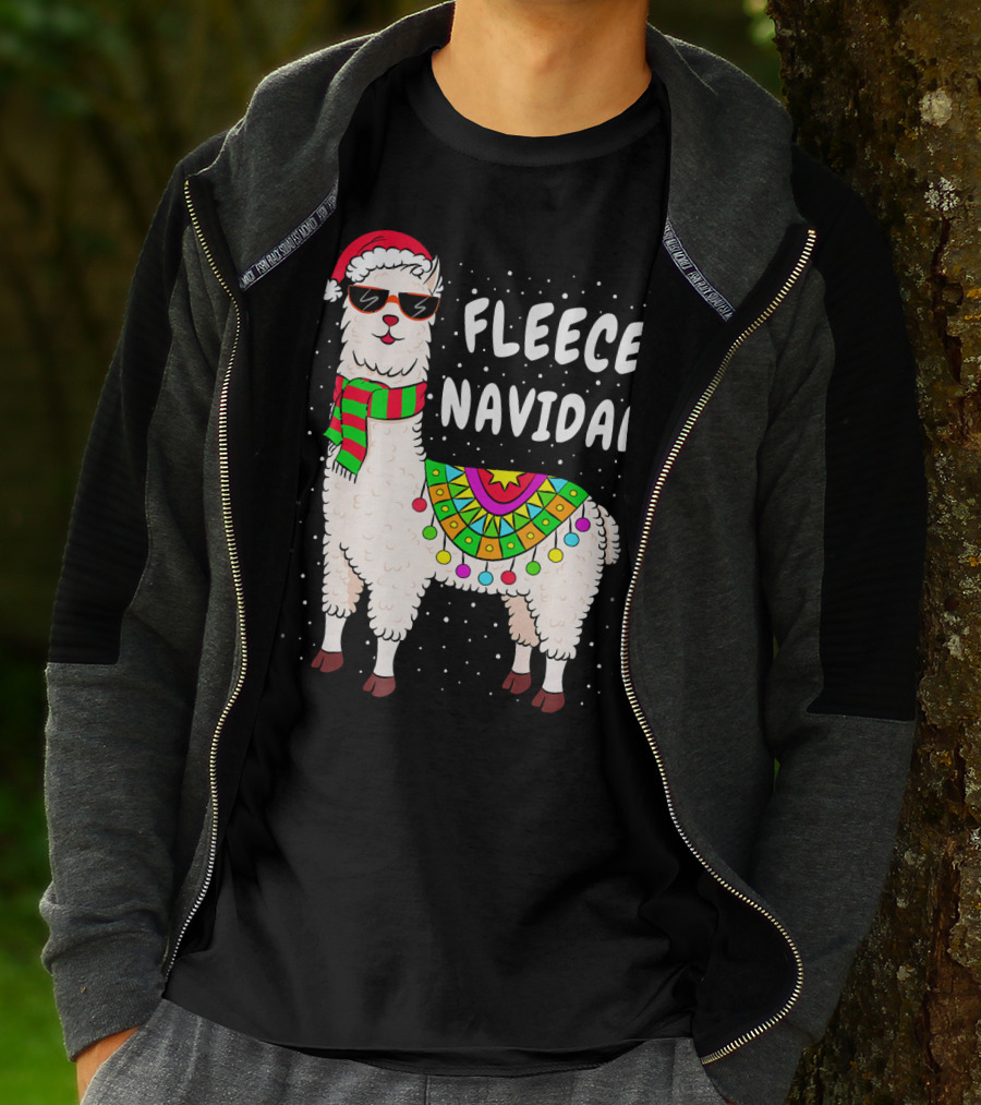 Fleece Navidad Christmas Llama Santa Hat Holiday T-Shirt