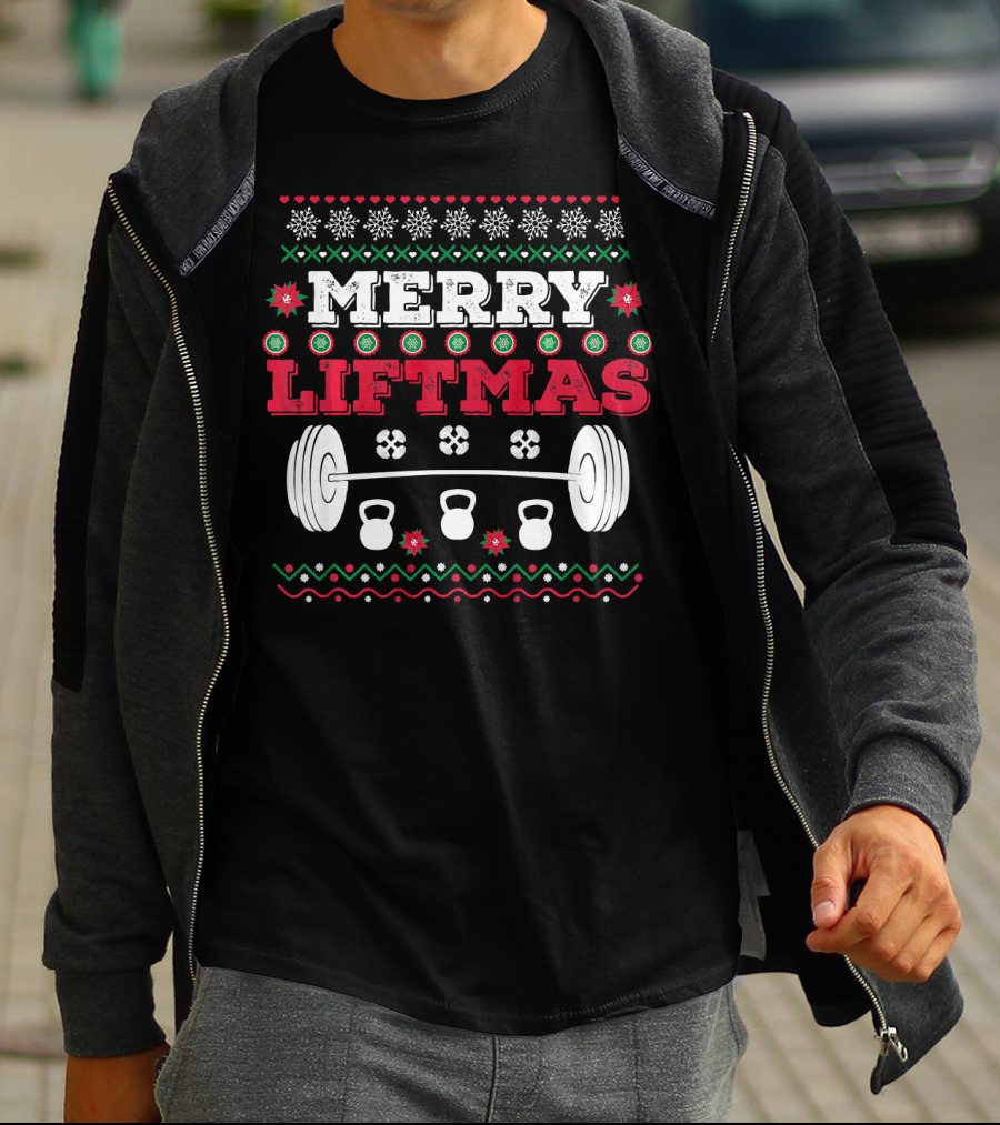 Merry Liftmas Funny Workout Barbell Kettlebell Christmas T-Shirt