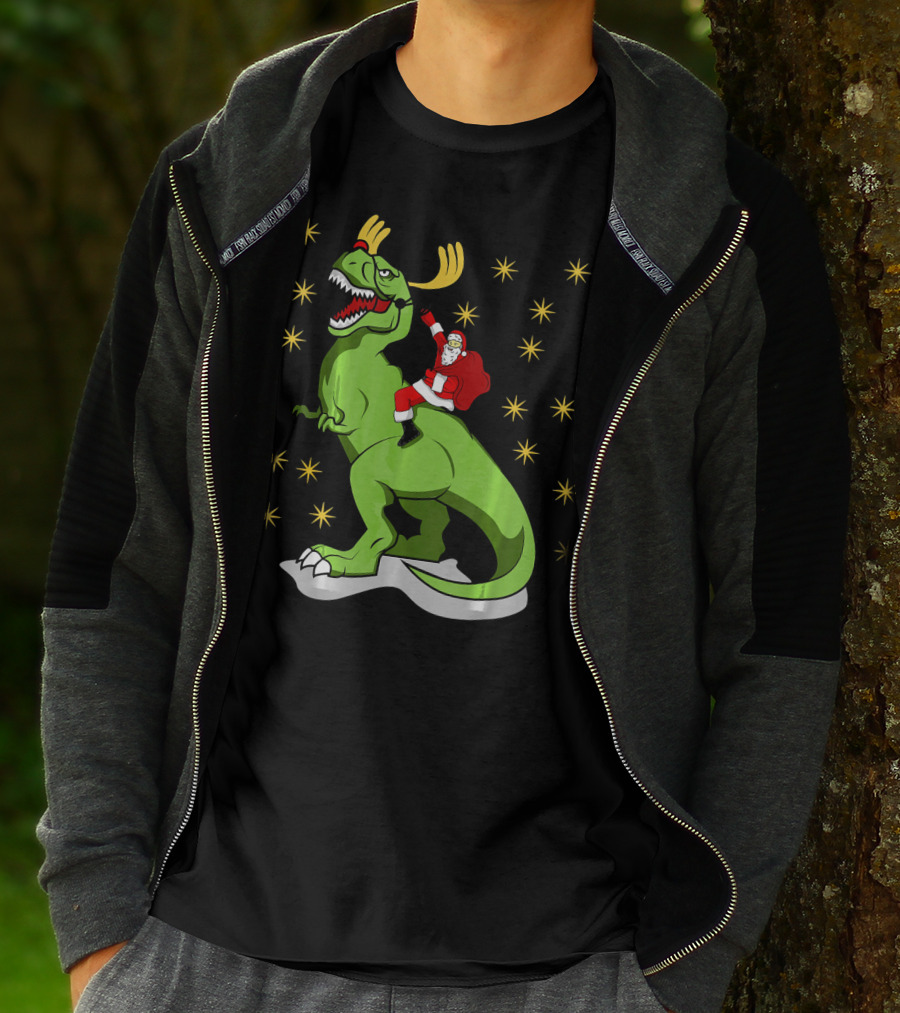 Santa Claus Riding Dinosaur With Reindeer Antlers And Stars T-Shirt