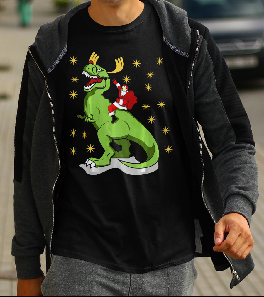 Santa Claus Riding Dinosaur With Reindeer Antlers And Stars T-Shirt