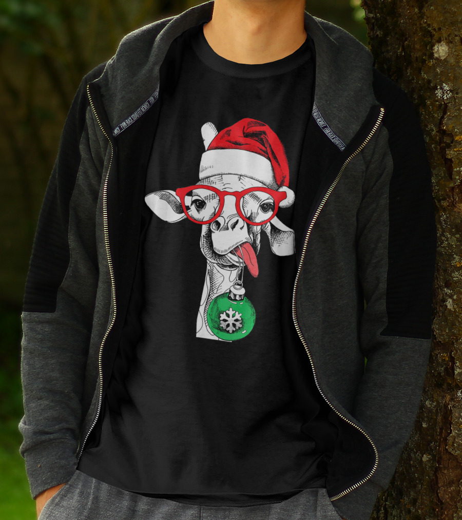Santa Hat Giraffe Red Glasses Christmas T-Shirt